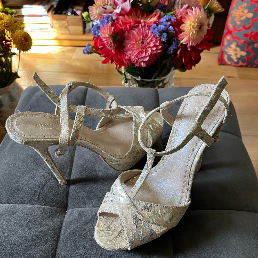 Glamorous Charles David lacy evening open-toed heals. Champaign color.